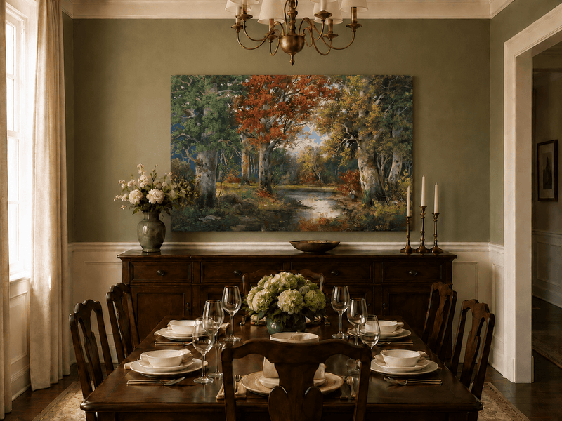 Unframed hand-painted autumn forest lake oil painting with colorful trees and reflections displayed above a formal dining table.