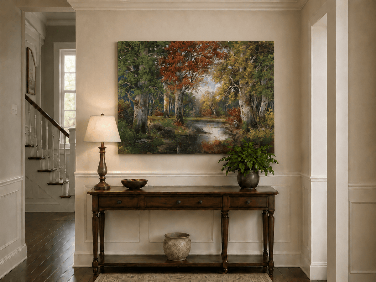Unframed hand-painted autumn forest lake oil painting with colorful trees and reflections displayed above an entryway console table.