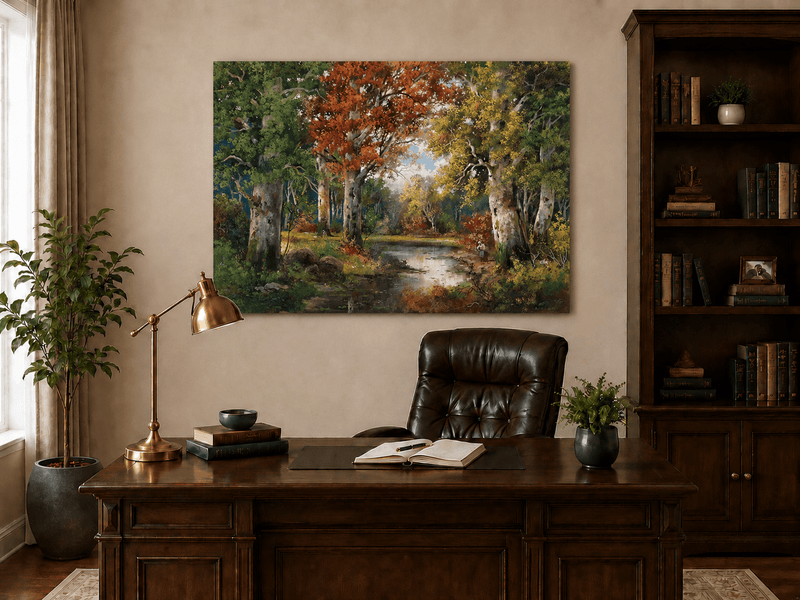 Unframed hand-painted autumn forest lake oil painting with colorful trees and reflections displayed above a traditional home office desk.