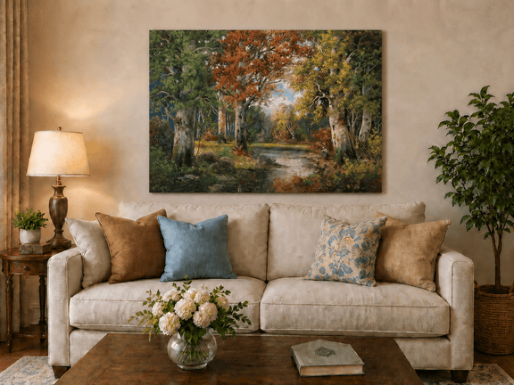 Unframed hand-painted autumn forest lake oil painting with colorful trees and reflections displayed above a neutral living room sofa.