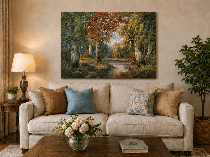 Unframed hand-painted autumn forest lake oil painting with colorful trees and reflections displayed above a neutral living room sofa.