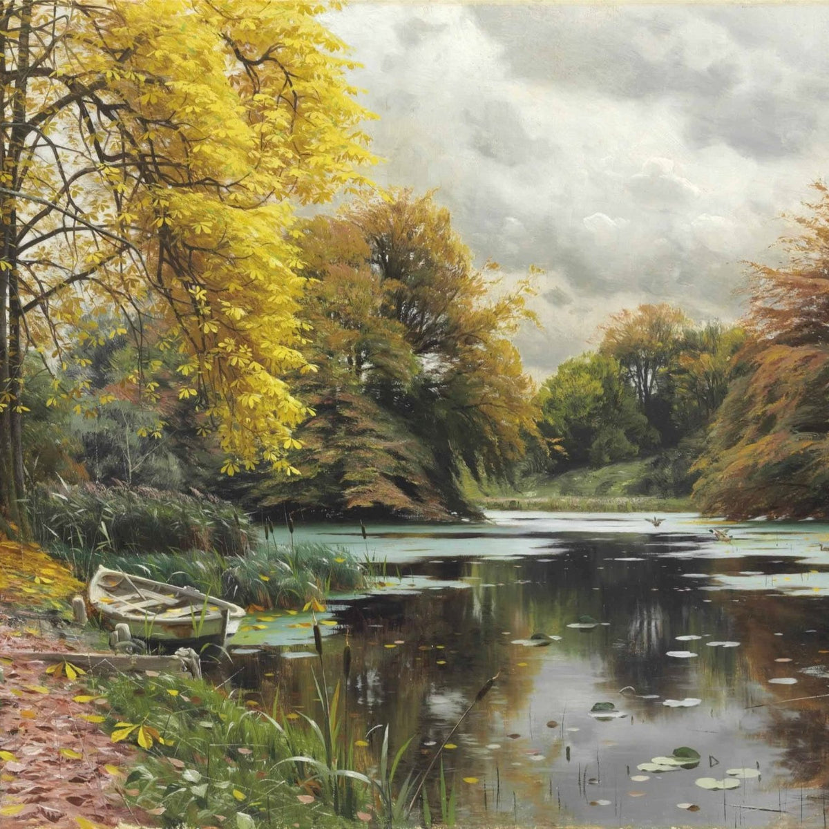 Autumn Forest Lake with Boat – Hand - Painted Landscape Oil Painting - Oil Painting Haven