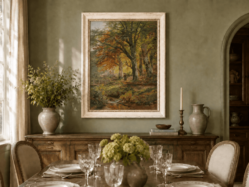 Framed hand-painted autumn forest oil painting with a leaf-covered path beside a stream displayed above a formal dining table.