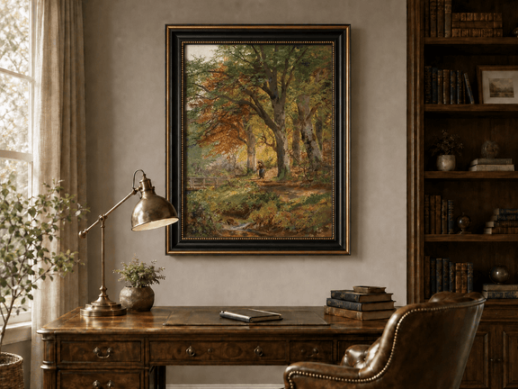 Framed hand-painted autumn forest oil painting with a leaf-covered path beside a stream displayed above a traditional home office desk.