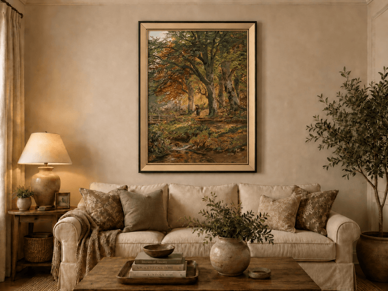 Framed hand-painted autumn forest oil painting with a leaf-covered path beside a stream displayed above a neutral living room sofa.