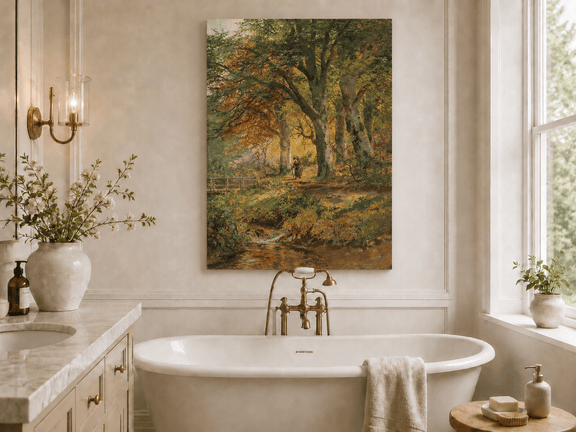 Unframed hand-painted autumn forest oil painting with a leaf-covered path beside a stream displayed above a freestanding bathtub.