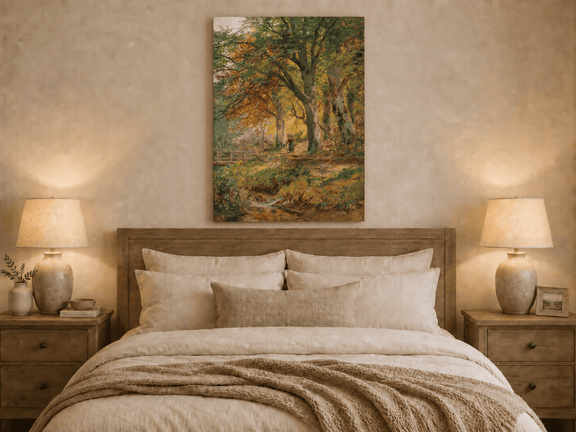 Unframed hand-painted autumn forest oil painting with a leaf-covered path beside a stream displayed above a wooden bed in a neutral bedroom.