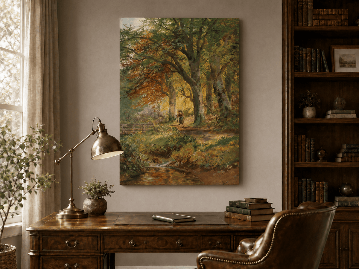 Unframed hand-painted autumn forest oil painting with a leaf-covered path beside a stream displayed above a traditional home office desk.