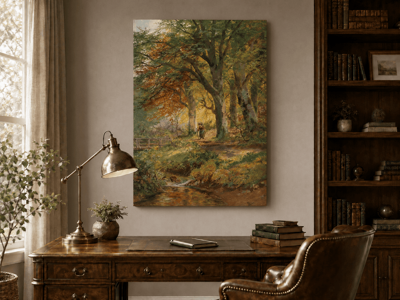 Unframed hand-painted autumn forest oil painting with a leaf-covered path beside a stream displayed above a traditional home office desk.
