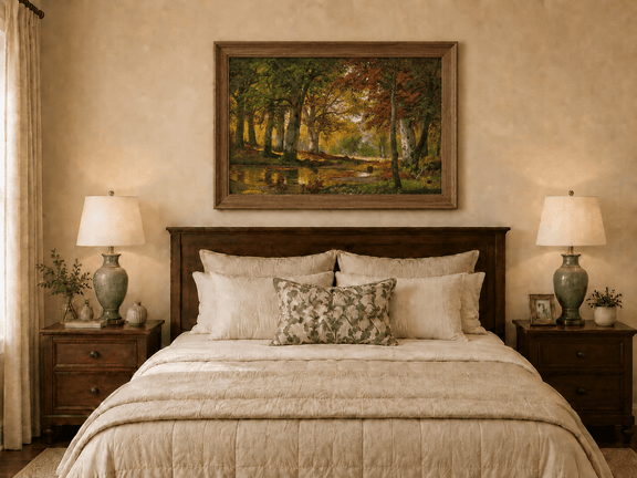 Framed hand-painted autumn forest pond oil painting with golden trees reflected in still water displayed above a wooden bed in a neutral bedroom.