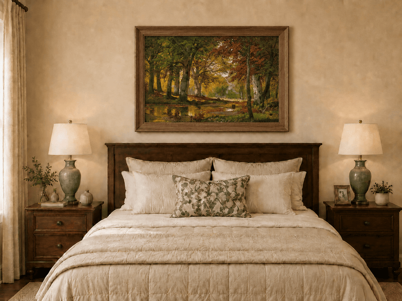 Framed hand-painted autumn forest pond oil painting with golden trees reflected in still water displayed above a wooden bed in a neutral bedroom.