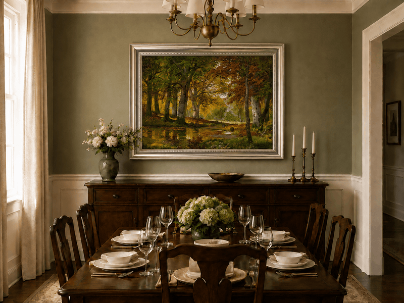 Framed hand-painted autumn forest pond oil painting with golden trees reflected in still water displayed above a formal dining table.