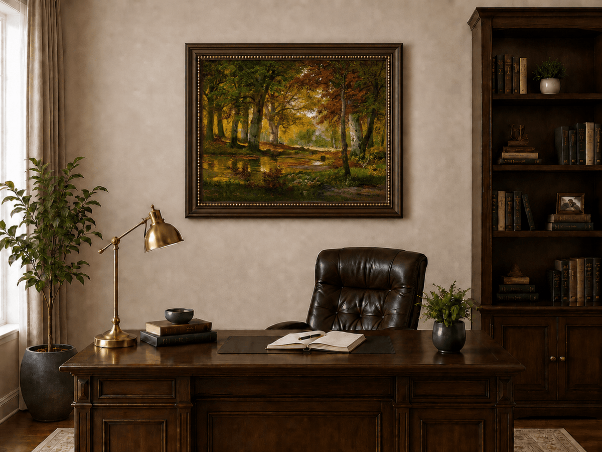 Framed hand-painted autumn forest pond oil painting with golden trees reflected in still water displayed above a traditional home office desk.