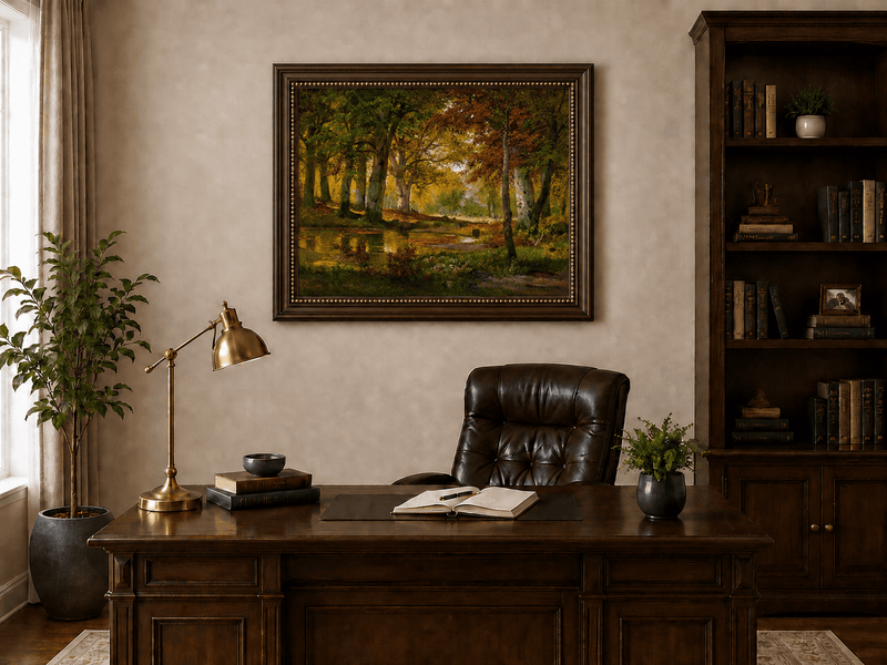 Framed hand-painted autumn forest pond oil painting with golden trees reflected in still water displayed above a traditional home office desk.