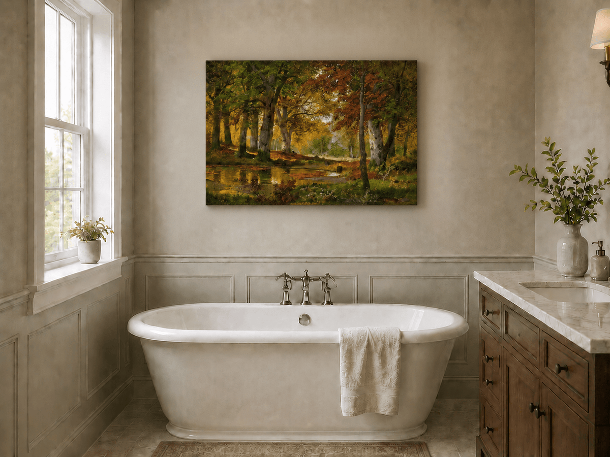Unframed hand-painted autumn forest pond oil painting with golden trees reflected in still water displayed above a freestanding bathtub.