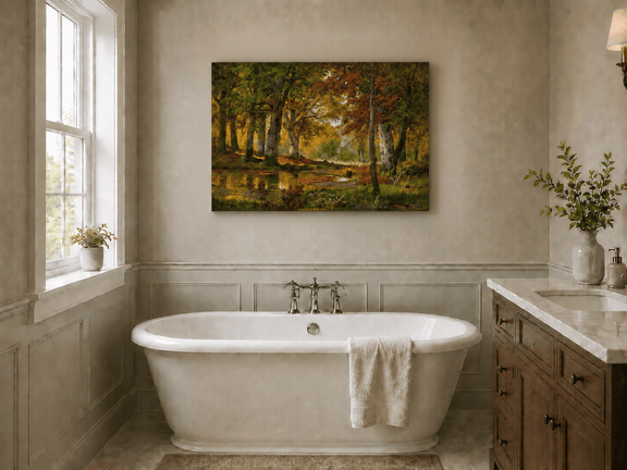 Unframed hand-painted autumn forest pond oil painting with golden trees reflected in still water displayed above a freestanding bathtub.