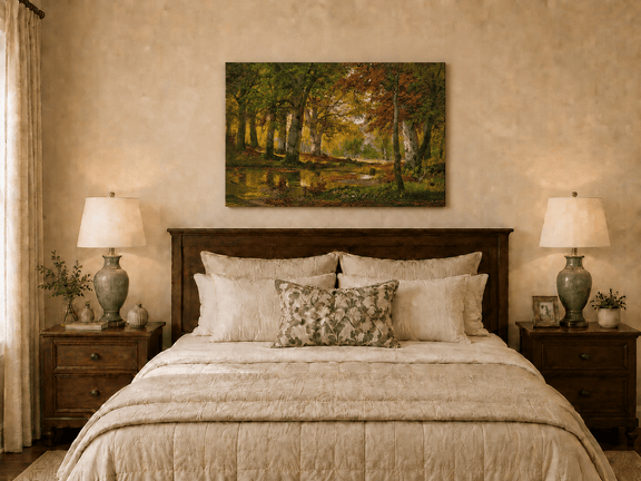 Unframed hand-painted autumn forest pond oil painting with golden trees reflected in still water displayed above a wooden bed in a neutral bedroom.