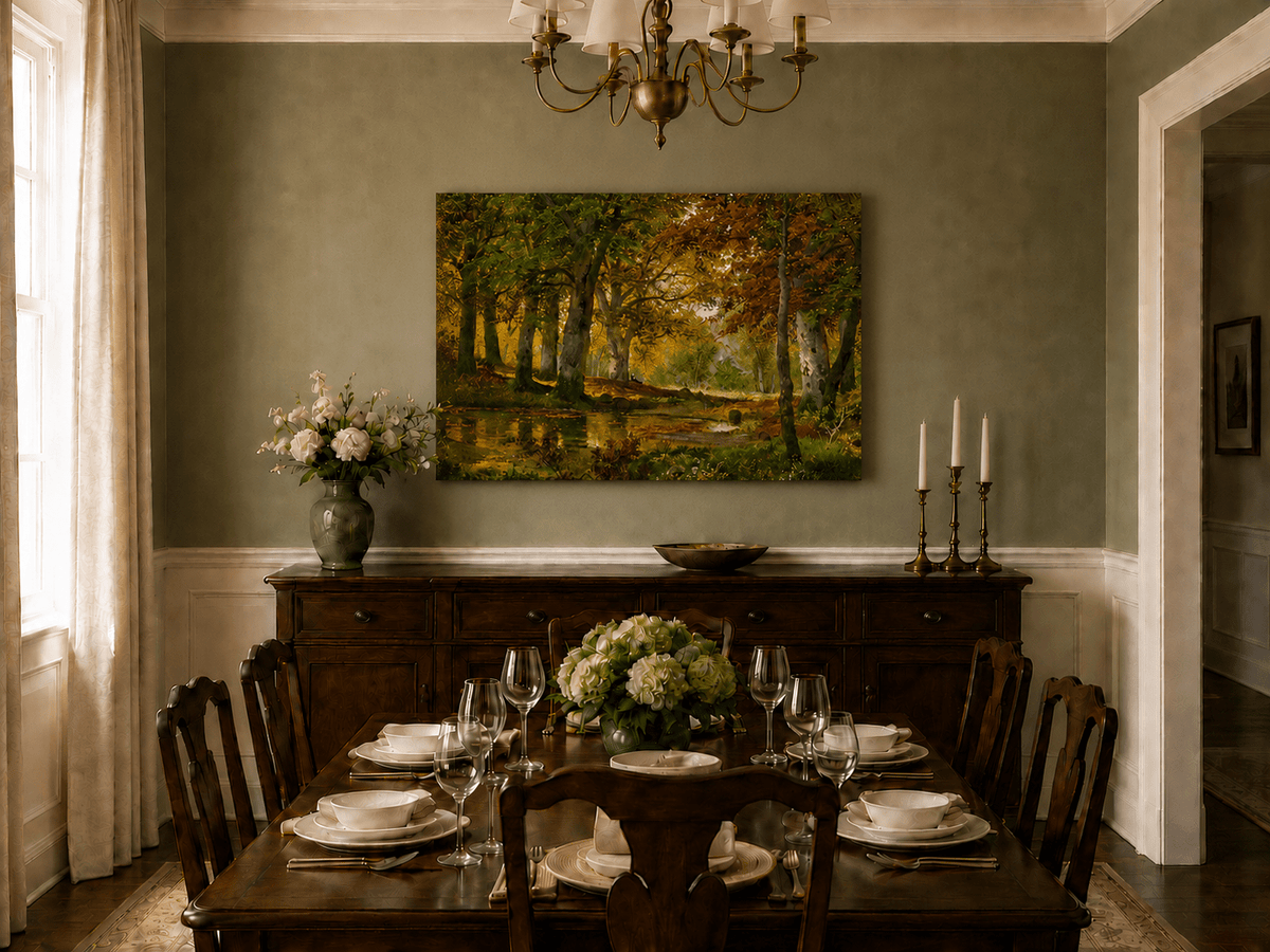 Unframed hand-painted autumn forest pond oil painting with golden trees reflected in still water displayed above a formal dining table.