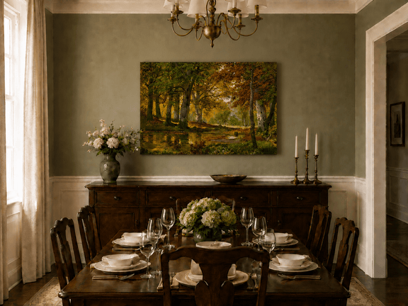 Unframed hand-painted autumn forest pond oil painting with golden trees reflected in still water displayed above a formal dining table.