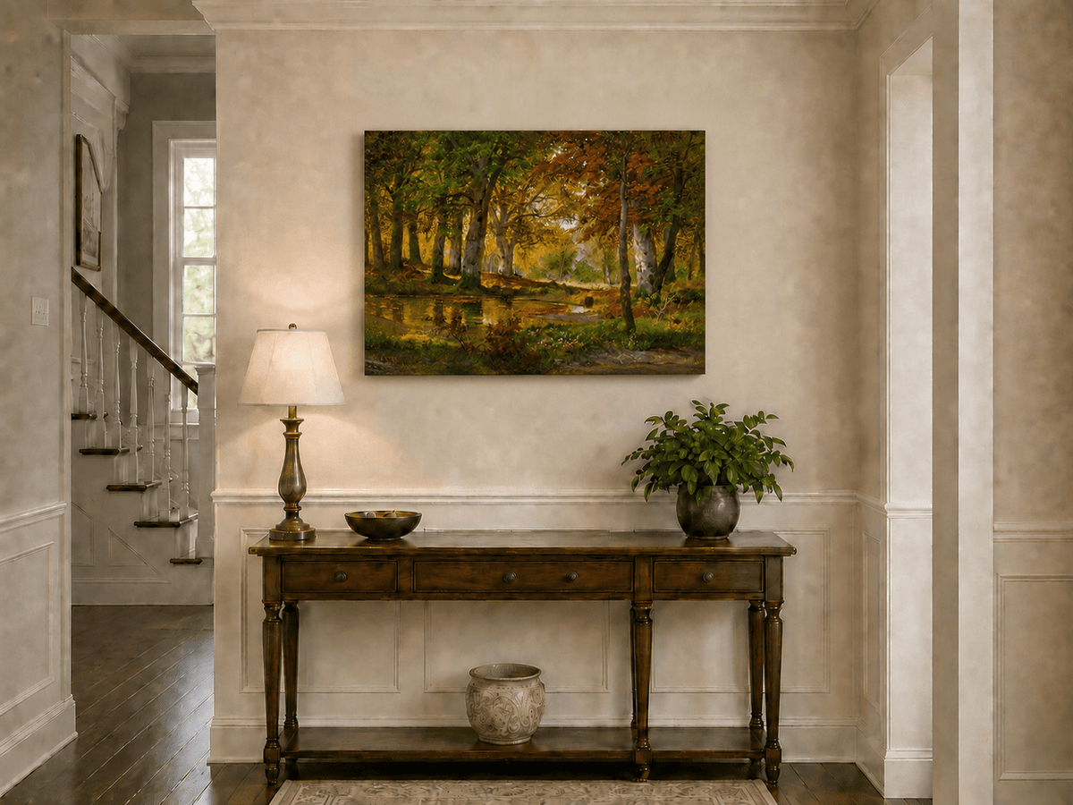 Unframed hand-painted autumn forest pond oil painting with golden trees reflected in still water displayed above an entryway console table.