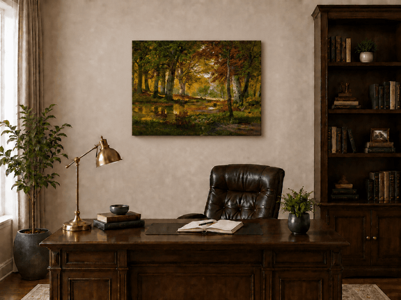 Unframed hand-painted autumn forest pond oil painting with golden trees reflected in still water displayed above a traditional home office desk.