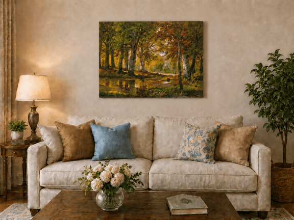 Unframed hand-painted autumn forest pond oil painting with golden trees reflected in still water displayed above a neutral living room sofa.