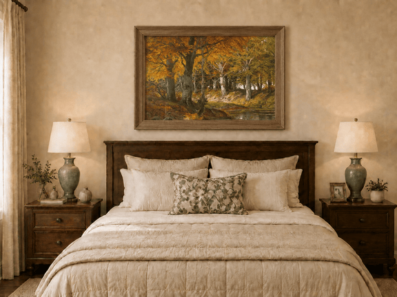Framed hand-painted autumn forest stream oil painting glowing beneath golden trees displayed above a wooden bed in a neutral bedroom.