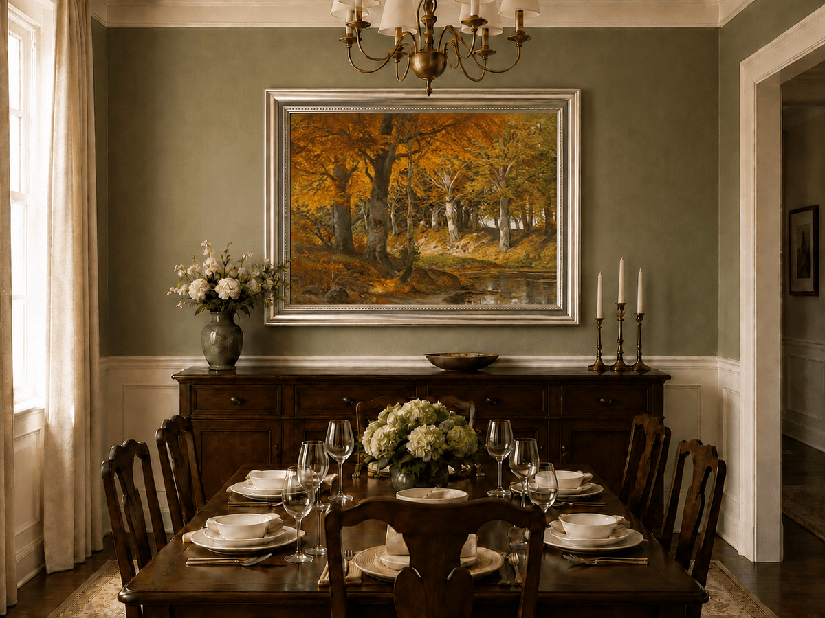 Framed hand-painted autumn forest stream oil painting glowing beneath golden trees displayed above a formal dining table.