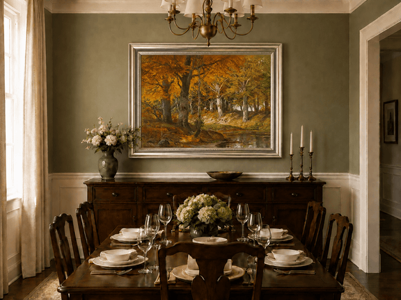 Framed hand-painted autumn forest stream oil painting glowing beneath golden trees displayed above a formal dining table.