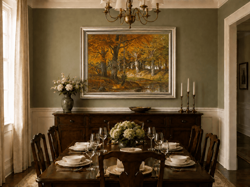 Framed hand-painted autumn forest stream oil painting glowing beneath golden trees displayed above a formal dining table.