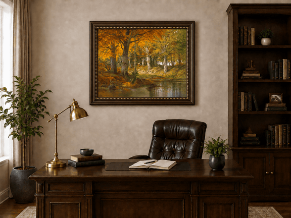 Framed hand-painted autumn forest stream oil painting glowing beneath golden trees displayed above a traditional home office desk.