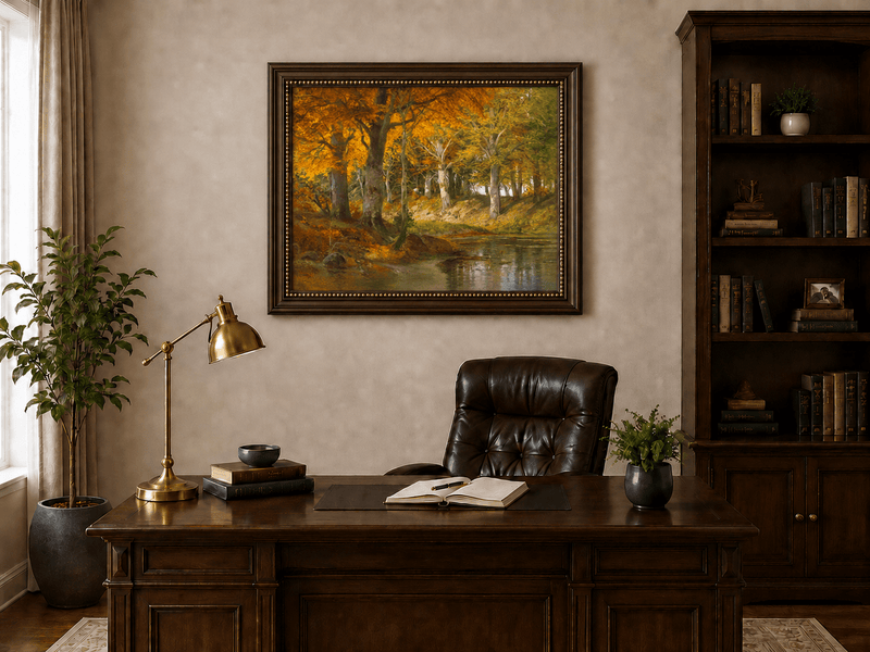 Framed hand-painted autumn forest stream oil painting glowing beneath golden trees displayed above a traditional home office desk.