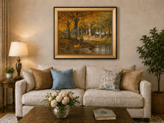 Framed hand-painted autumn forest stream oil painting glowing beneath golden trees displayed above a neutral living room sofa.