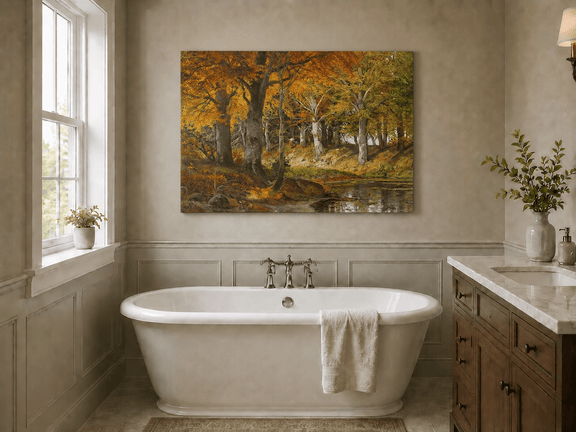 Unframed hand-painted autumn forest stream oil painting glowing beneath golden trees displayed above a freestanding bathtub.