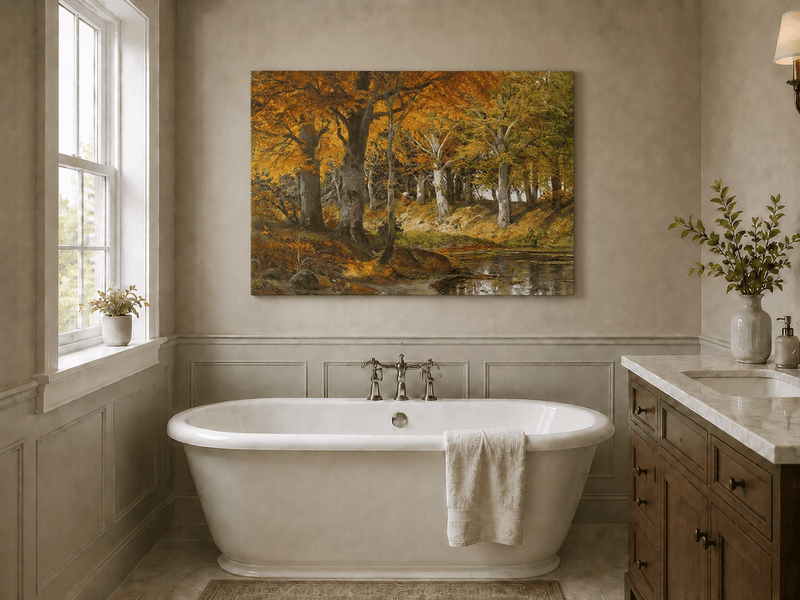 Unframed hand-painted autumn forest stream oil painting glowing beneath golden trees displayed above a freestanding bathtub.