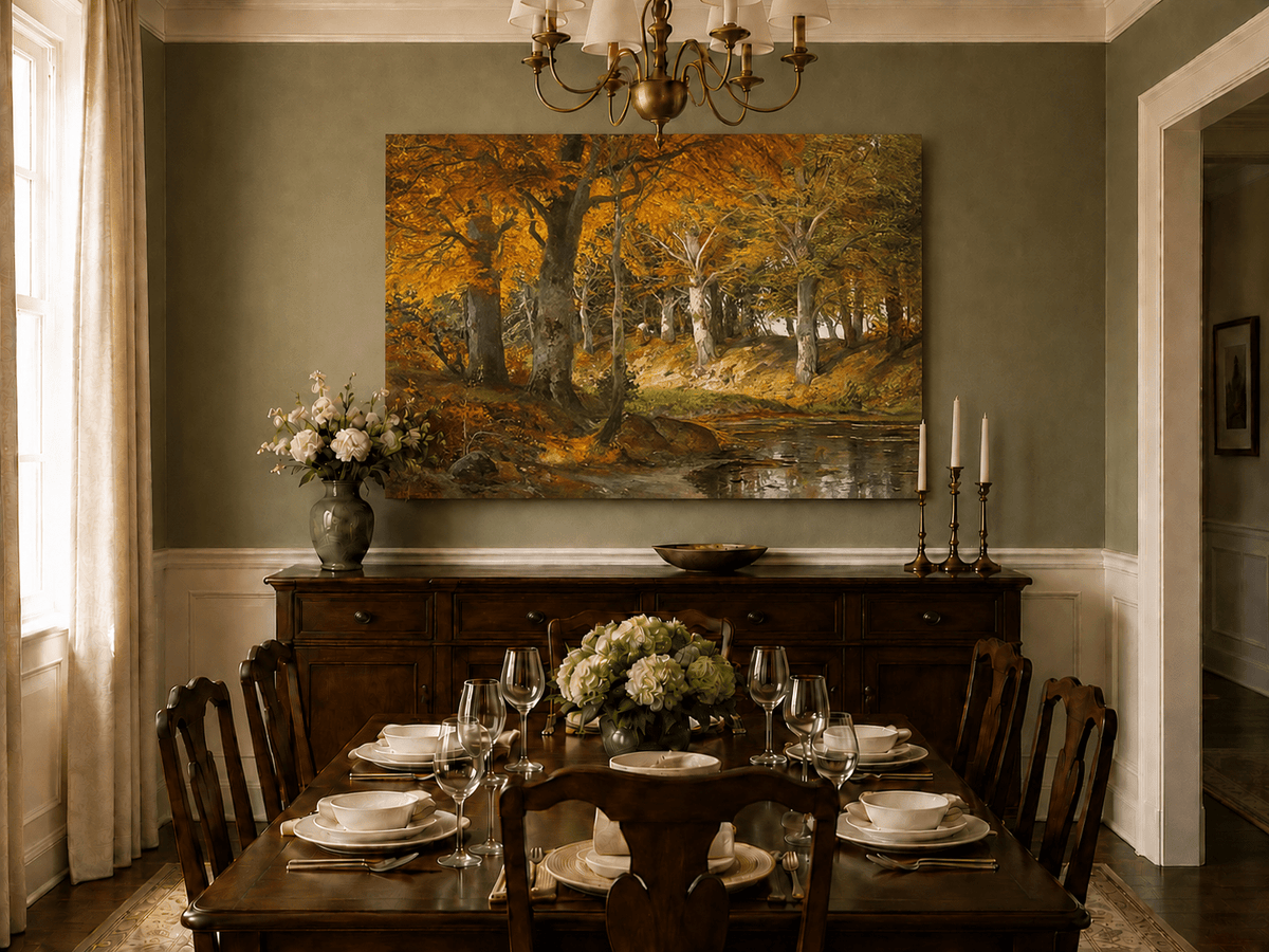 Unframed hand-painted autumn forest stream oil painting glowing beneath golden trees displayed above a formal dining table.