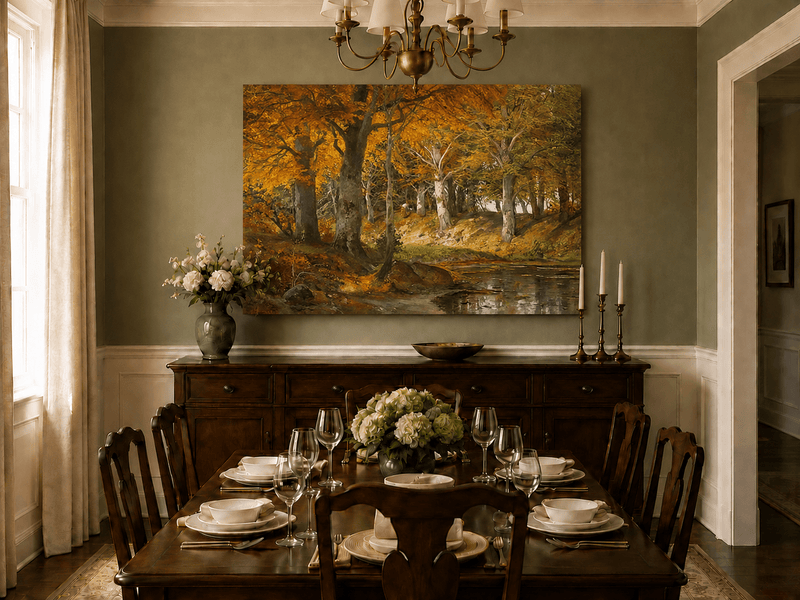 Unframed hand-painted autumn forest stream oil painting glowing beneath golden trees displayed above a formal dining table.