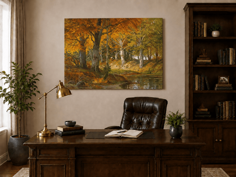 Unframed hand-painted autumn forest stream oil painting glowing beneath golden trees displayed above a traditional home office desk.