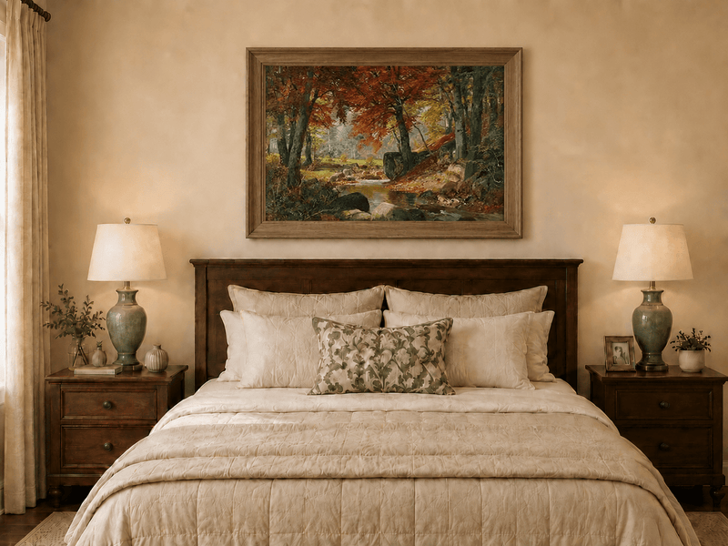 Framed hand-painted autumn forest stream oil painting flowing around mossy boulders displayed above a wooden bed in a neutral bedroom.
