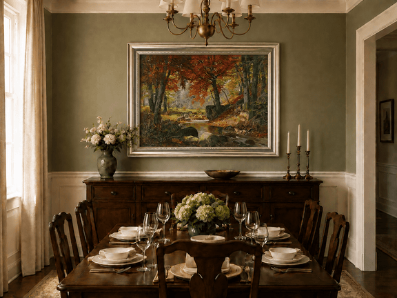 Framed hand-painted autumn forest stream oil painting flowing around mossy boulders displayed above a formal dining table.