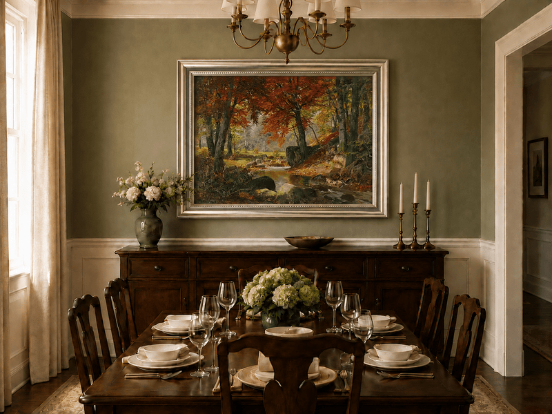 Framed hand-painted autumn forest stream oil painting flowing around mossy boulders displayed above a formal dining table.