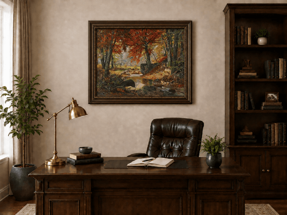 Framed hand-painted autumn forest stream oil painting flowing around mossy boulders displayed above a traditional home office desk.