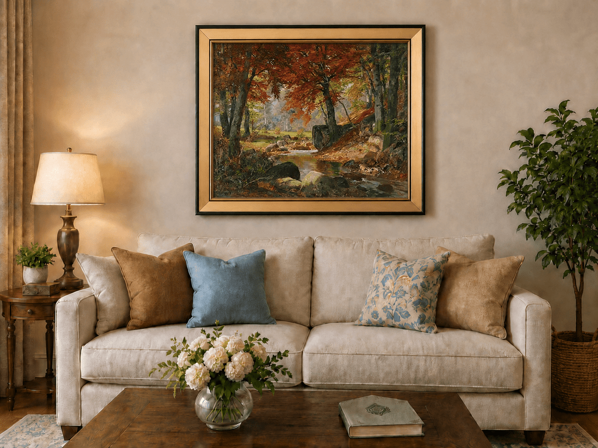 Framed hand-painted autumn forest stream oil painting flowing around mossy boulders displayed above a neutral living room sofa.