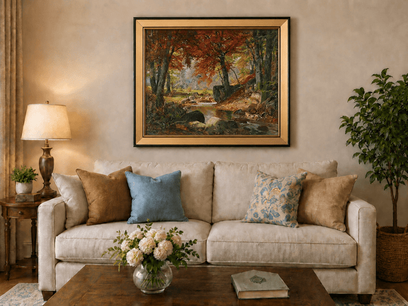 Framed hand-painted autumn forest stream oil painting flowing around mossy boulders displayed above a neutral living room sofa.