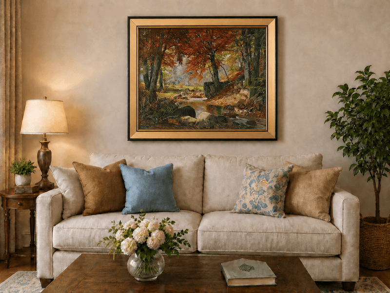 Framed hand-painted autumn forest stream oil painting flowing around mossy boulders displayed above a neutral living room sofa.