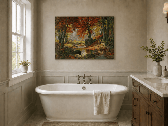 Unframed hand-painted autumn forest stream oil painting flowing around mossy boulders displayed above a freestanding bathtub.