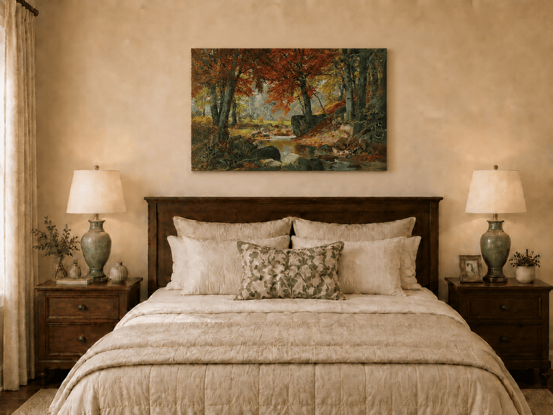 Unframed hand-painted autumn forest stream oil painting flowing around mossy boulders displayed above a wooden bed in a neutral bedroom.