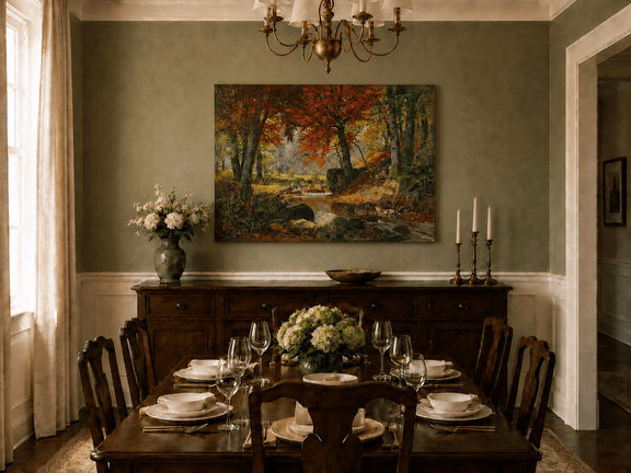 Unframed hand-painted autumn forest stream oil painting flowing around mossy boulders displayed above a formal dining table.