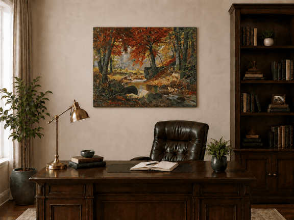 Unframed hand-painted autumn forest stream oil painting flowing around mossy boulders displayed above a traditional home office desk.