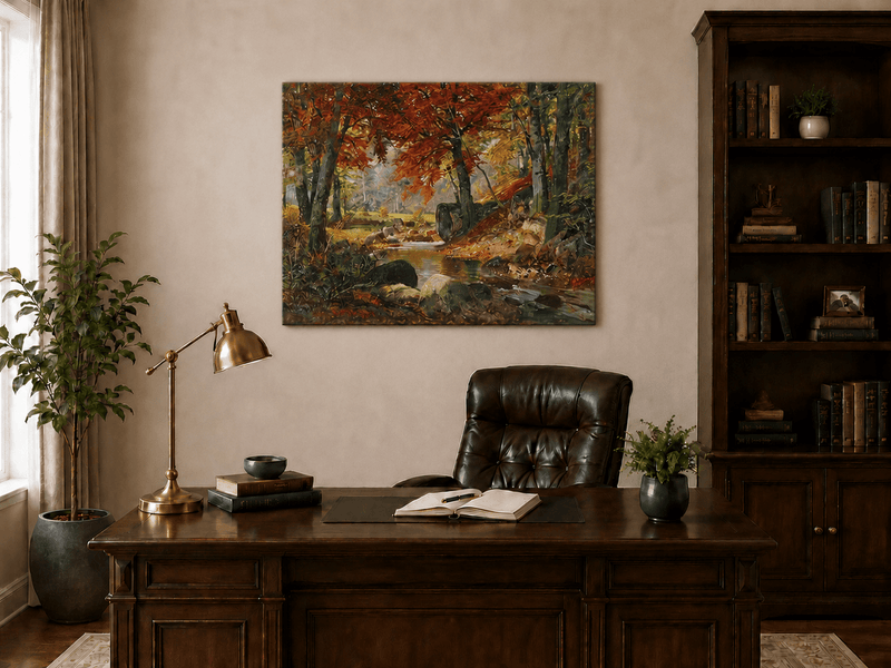 Unframed hand-painted autumn forest stream oil painting flowing around mossy boulders displayed above a traditional home office desk.